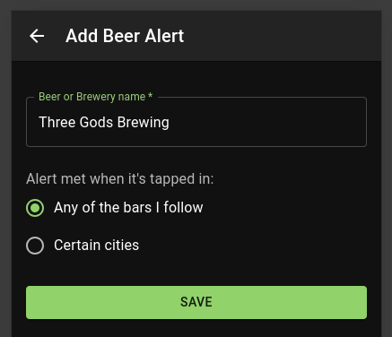 Adding beer alert screenshot